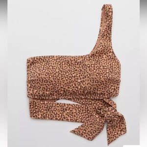 Aerie Ribbed Leopard One Shoulder Wrap Bikini Top Sz M